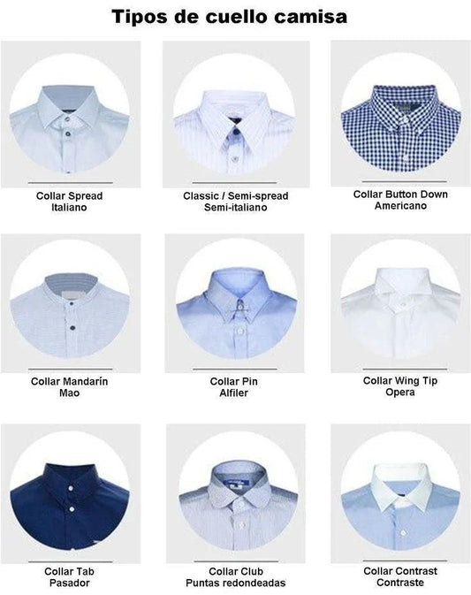 Tipos de cuellos de camisa para pajaritas: italiano, semi-italiano, americano, mao, alfiler, opera, pasador, club y contraste