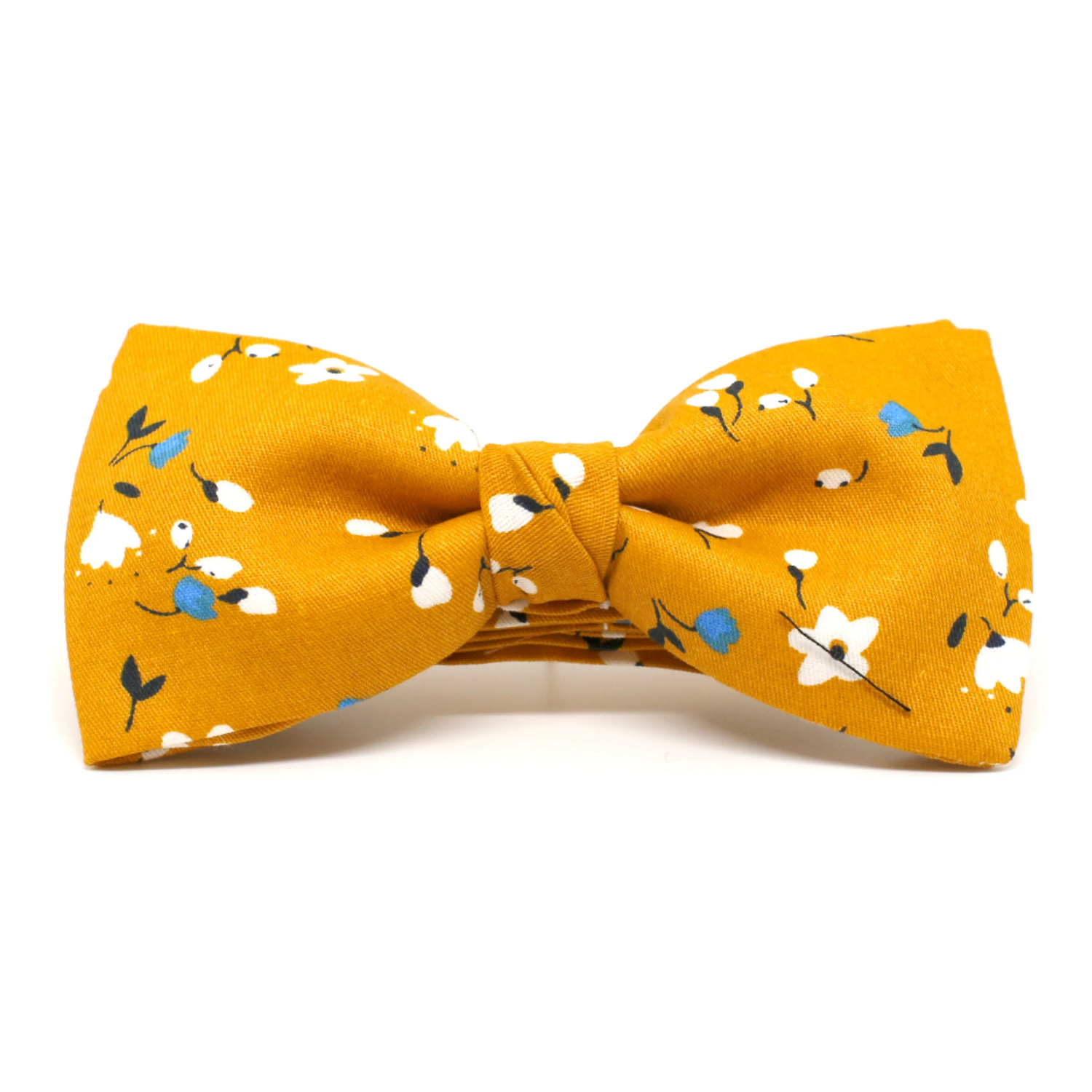 Pajarita amarilla con estampado floral blanco y azul, complemento original y hecho a mano