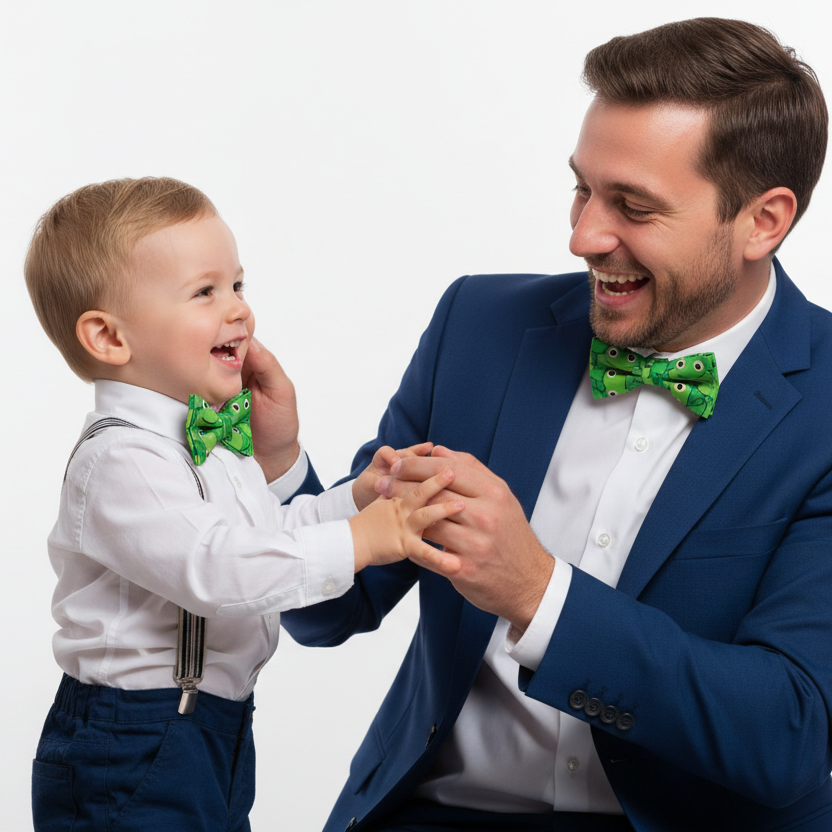 Padre e hijo jugando con pajaritas de ranas verdes